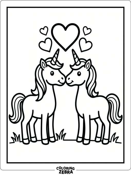 Two unicorns standing nose to nose with hearts above them
