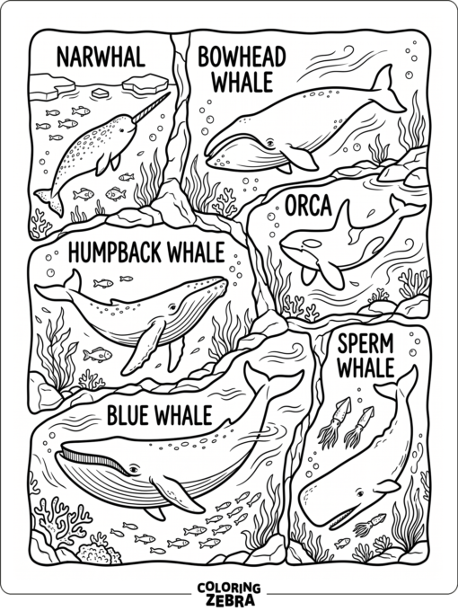 Several whale types shown in a simple ocean scene