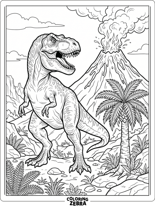 A tyrannosaurus rex beside a volcano and palm tree