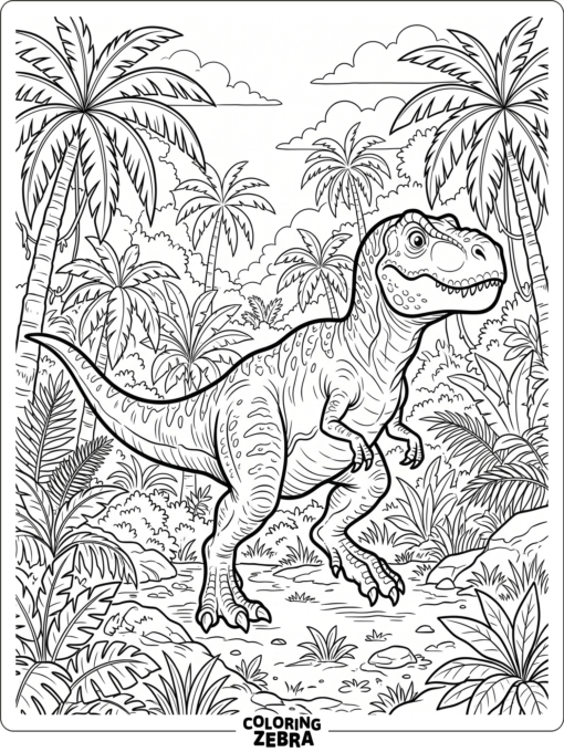 A tyrannosaurus rex walking through a jungle clearing