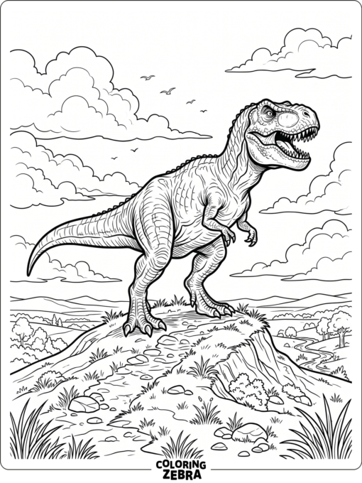 A Tyrannosaurus rex standing on a hill