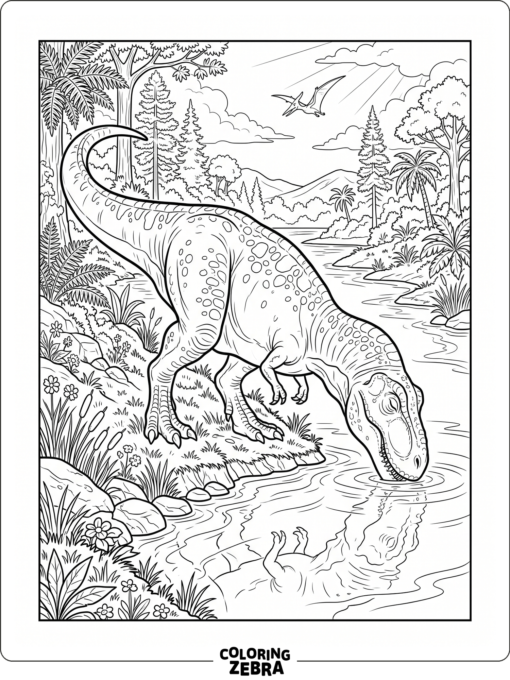 A Tyrannosaurus rex drinking at a riverbank