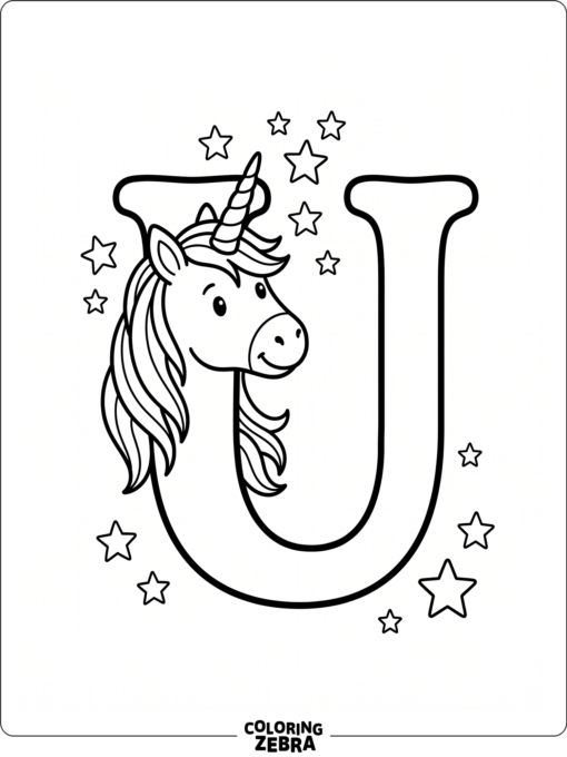 The letter U with a unicorn peeking beside it