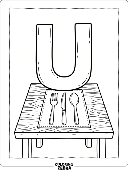 A big letter U with utensils on a table