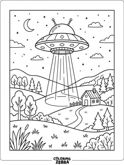 A UFO floating over a hill with beams of light