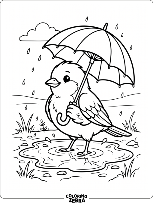 A bird holding an umbrella in a small puddle