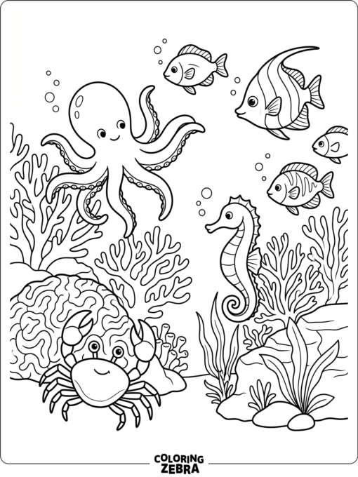 An octopus, fish, seahorse, and crab underwater