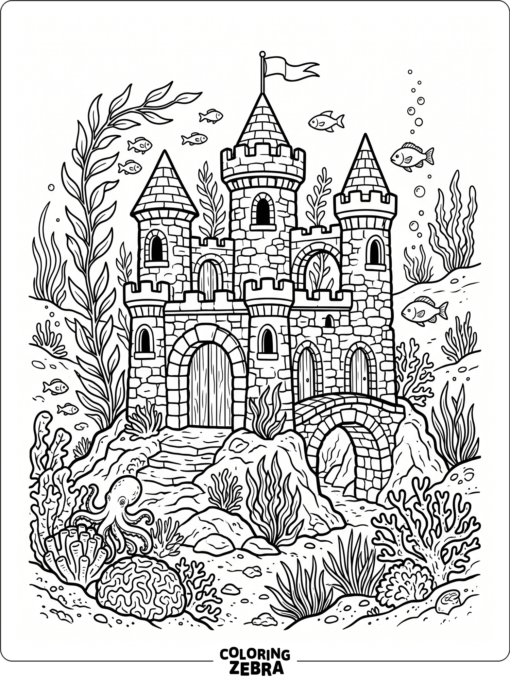 A little underwater castle with sea plants around it