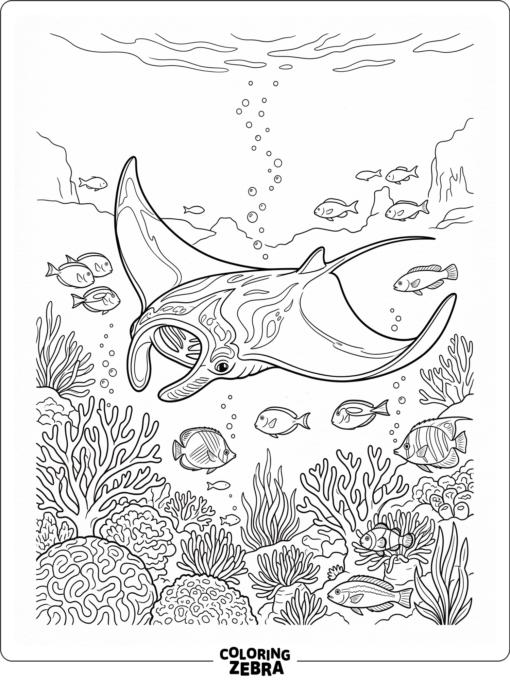 A manta ray with fish and bubbles underwater