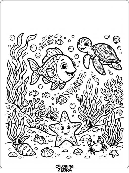A kid-friendly underwater scene with fish and a turtle