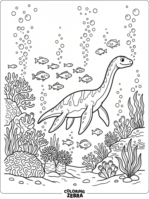 A prehistoric dinosaur underwater with fish and coral