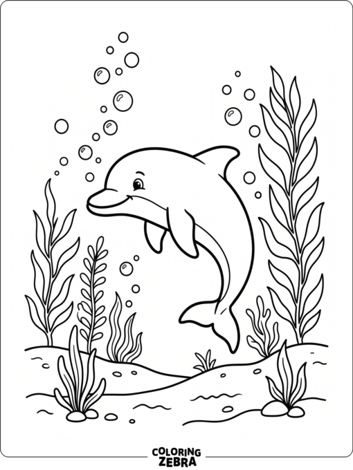 An underwater dolphin with bubbles and sea plants