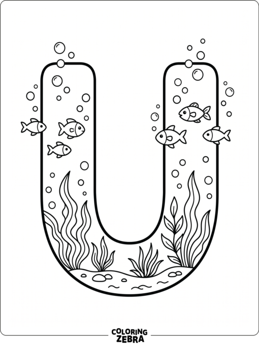 A U underwater with fish and bubbles