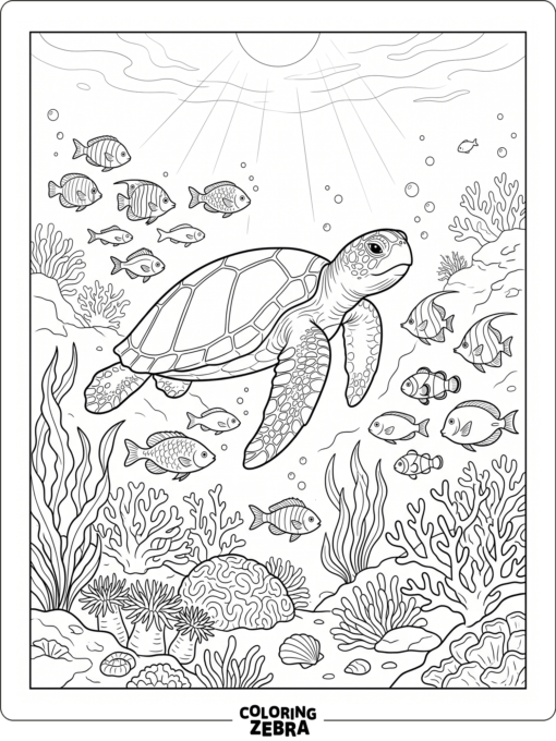A sea turtle and fish in a wide ocean scene