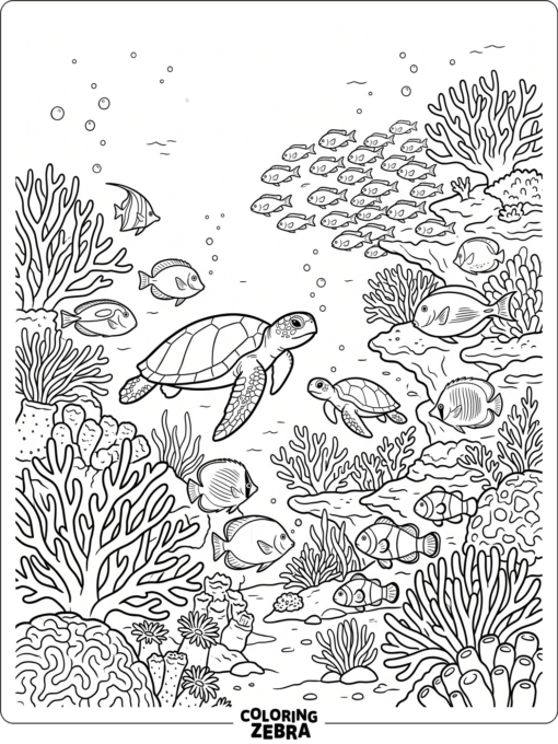 A large coral reef scene with turtles and fish