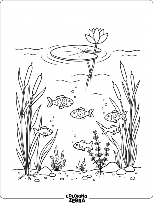 A quiet pond underwater with fish, reeds, and a lily pad
