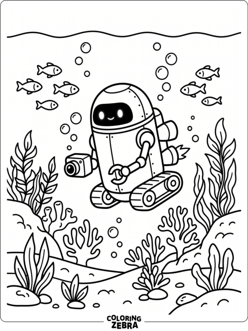 Underwater robot among fish, bubbles, and plants