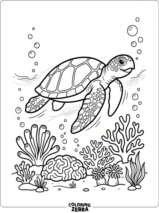 A sea animal swimming past coral and bubbles