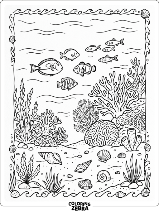 A simple underwater sea scene with coral and fish