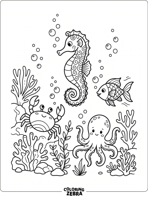 A seahorse, crab, fish, and octopus underwater