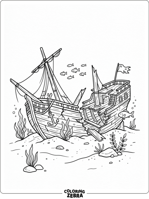 A shipwreck resting on sand with seaweed nearby