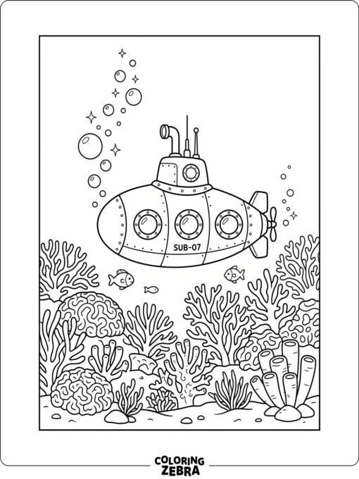 A small submarine floating near coral