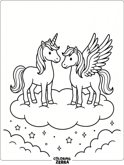 A unicorn and pegasus flying together through clouds