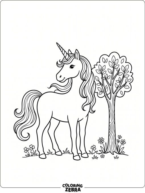A gentle unicorn with a flowing mane stands in a simple outdoor scene
