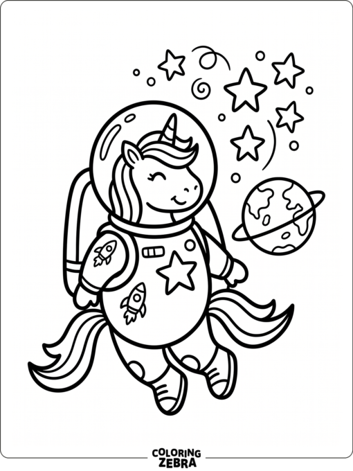 A unicorn astronaut floats near a planet