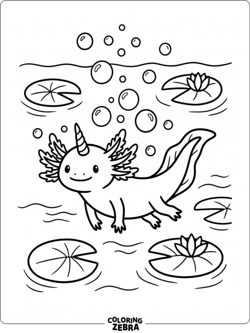 A unicorn axolotl floating with lily pads