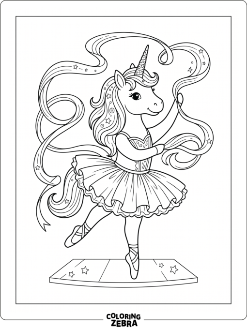 A unicorn ballerina in a tutu and ribbon