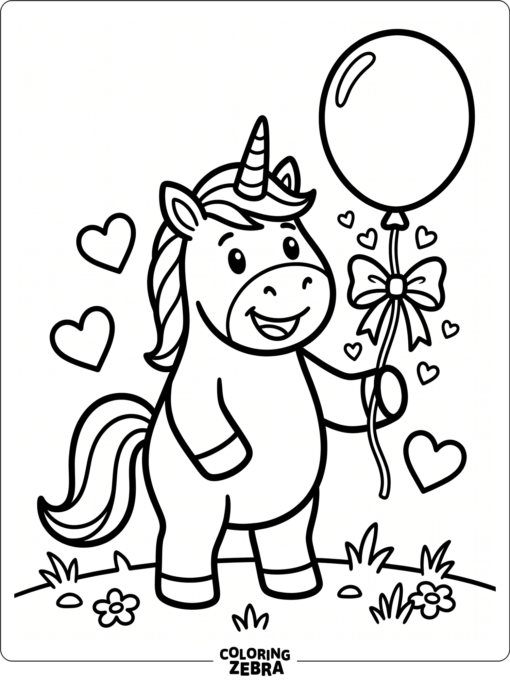 A unicorn holds a balloon with tiny hearts