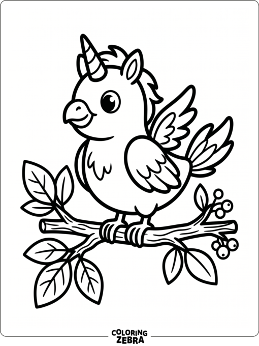 A unicorn bird perched on a branch with small wings