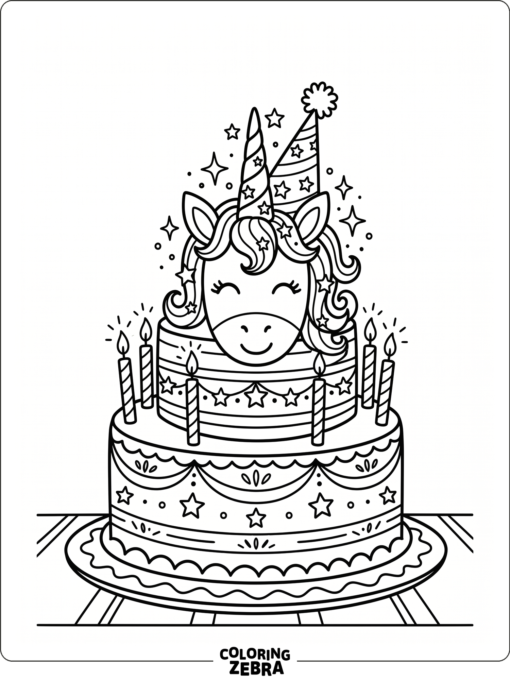 A birthday cake decorated with a unicorn horn