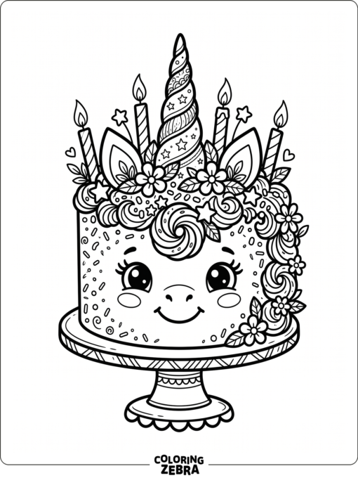 A unicorn cake with sprinkles and candles