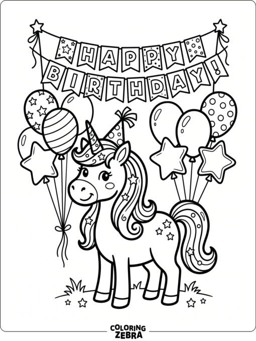 A unicorn with balloons and a party banner