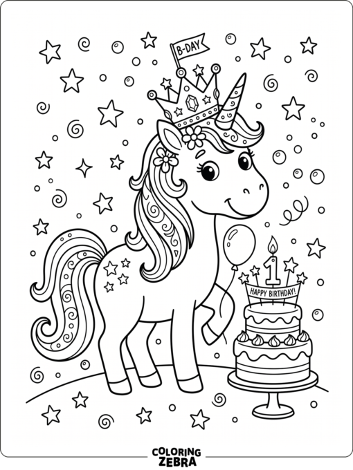 Unicorn with a crown, stars, and birthday cake