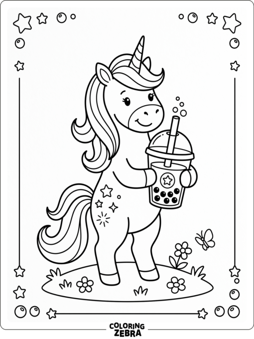 A unicorn holding a bubble tea drink