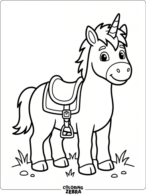 A boy unicorn with a short mane and saddle