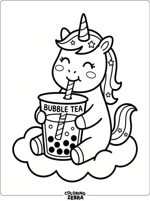 A unicorn drinks bubble tea with a straw