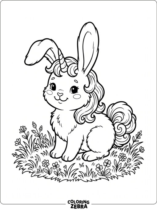 A bunny with a unicorn horn sitting on grass