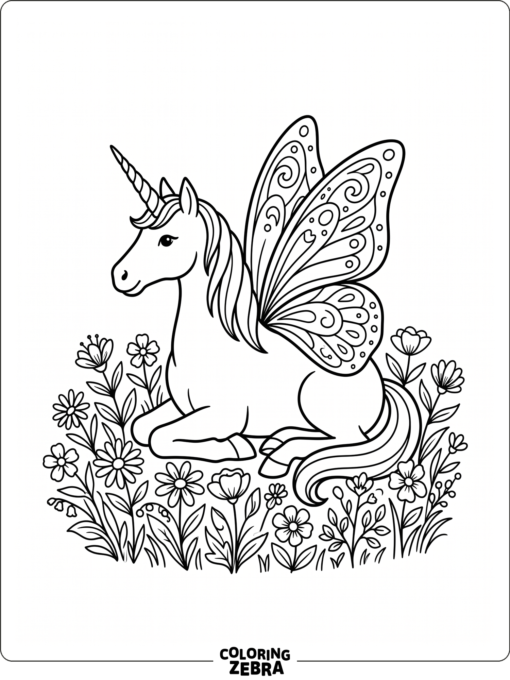 A unicorn with butterfly wings near flowers