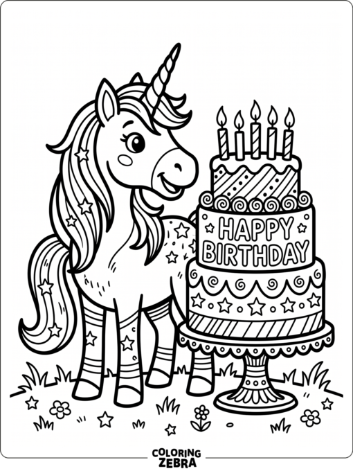 A unicorn beside a birthday cake with candles