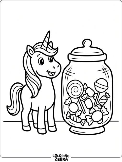 A unicorn stands beside candy and lollipops