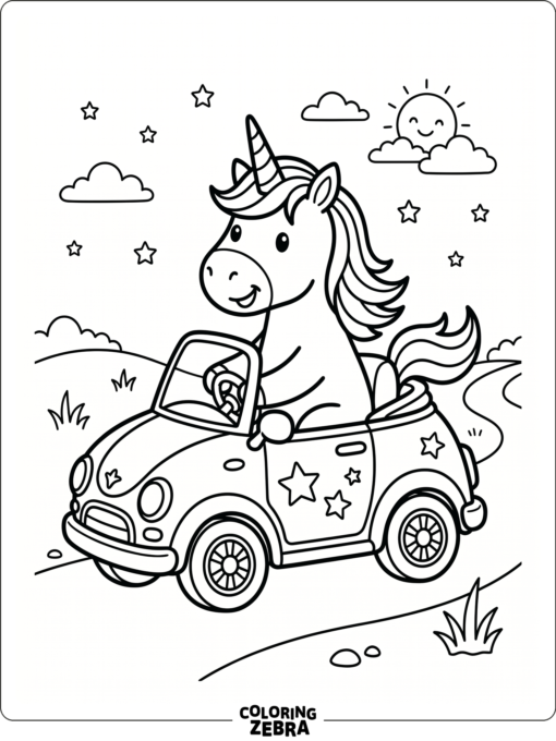 A unicorn driving a small car with star details