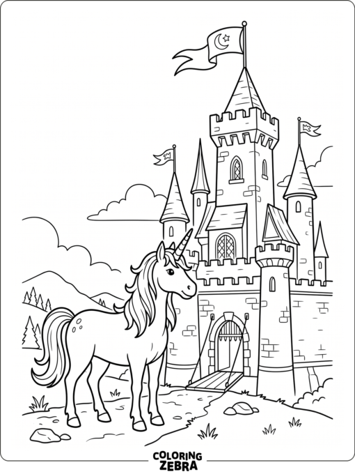 A unicorn standing in front of a castle