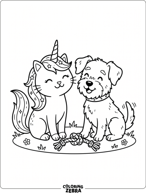 A unicorn cat and dog sitting together with a toy