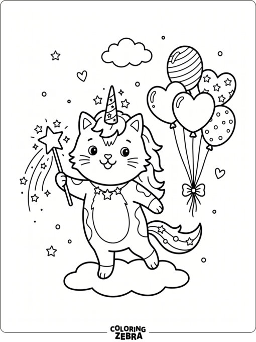 A happy unicorn cat holding a wand with balloons