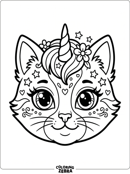 A unicorn cat face with big eyes and a tiny horn