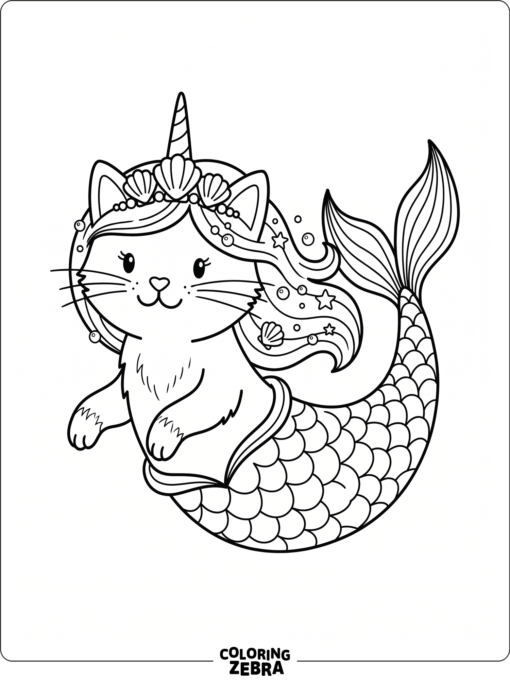 A mermaid unicorn cat with a fish tail and shell crown